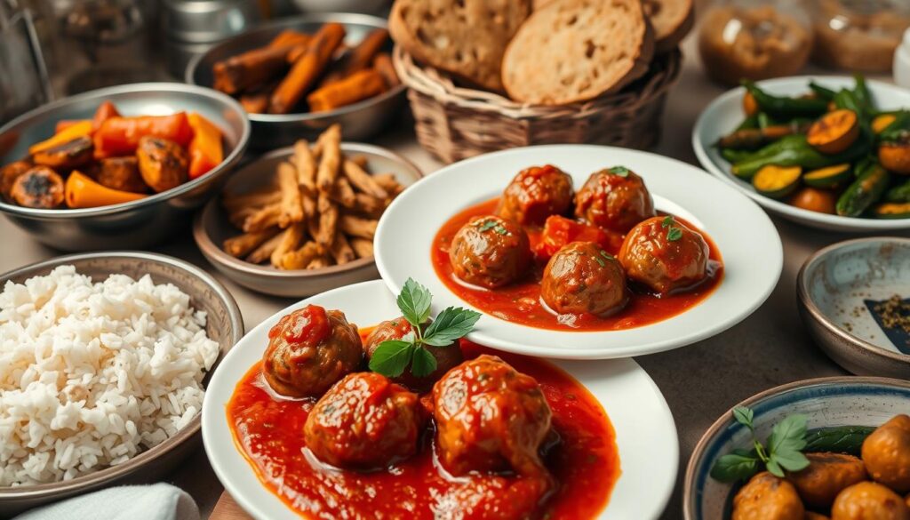 Albóndigas en salsa con guarniciones tradicionales Albóndigas en salsa con guarniciones tradicionales
